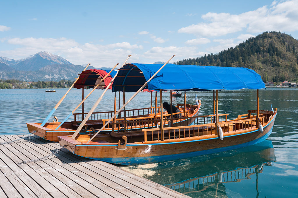 Slovenia wedding Pletna boats. Wedding boat on lake bled