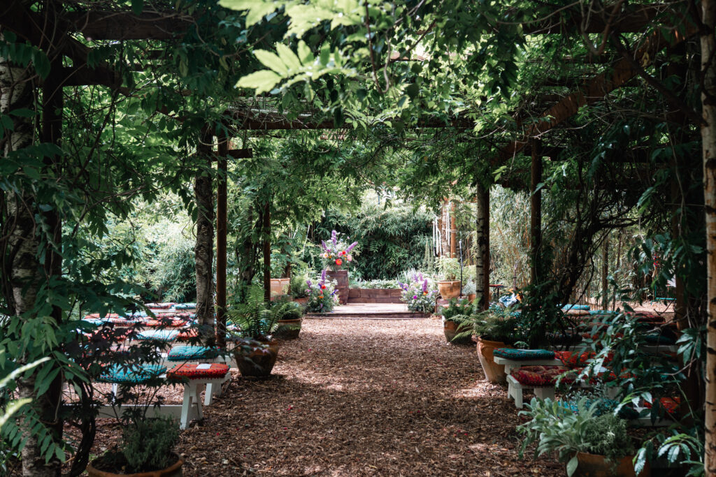 Harewood Forest Wedding Ceremony space. Lucious green outdoor aisle 